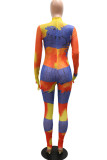 Multi-color Sexy Print Patchwork See-through Half A Turtleneck Regular Jumpsuits (Including Gloves)
