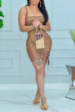 Brown Fashion Sexy Party Sexy Frenulum Square Collar Wrapped Skirt Dresses
