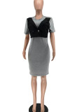 Grey Casual Solid Patchwork O Neck Straight Dresses