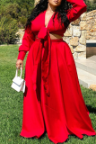 Red Fashion Casual Solid Bandage V Neck Long Sleeve Two Pieces