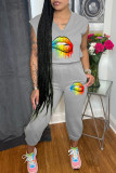 Grey Casual Sportswear Solid Patchwork V Neck Sleeveless Two Pieces