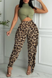 Leopard Print Fashion Casual Print Leopard Camouflage Print Tassel Patchwork High Waist Pencil Full Print Bottoms