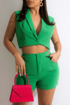 Green Sexy Solid Split Joint Turndown Collar Sleeveless Two Pieces