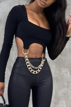 Black Sexy Solid Split Joint Chains Square Collar Tops