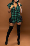 Green Sexy Plaid Print Bandage Hollowed Out Split Joint Turndown Collar Sleeveless Two Pieces