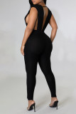 Black Sexy Solid Split Joint Backless Asymmetrical V Neck Regular Jumpsuits
