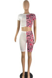 Pink Casual Print Patchwork O Neck Short Sleeve Two Pieces