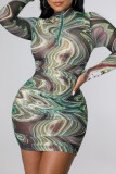 Multicolor Fashion Sexy Print Basic Zipper Collar Long Sleeve Dresses