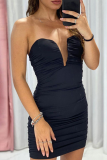 Black Sexy Solid Patchwork V Neck Pencil Skirt Dresses