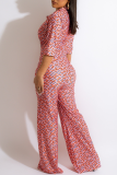 Pink Fashion Casual Print Basic Turndown Collar Regular Jumpsuits