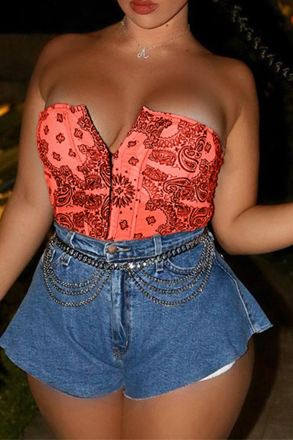 Red Sexy Print Split Joint Strapless Mid Waist Tops