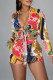 Multicolor Fashion Casual Print Bandage V Neck Long Sleeve Two Pieces