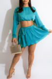 Blue Casual Solid Patchwork O Neck Long Sleeve Two Pieces