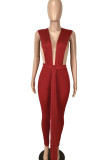 Red Sexy Solid Split Joint Backless Asymmetrical V Neck Regular Jumpsuits