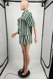 Green Casual Striped Split Joint Turndown Collar Half Sleeve Two Pieces