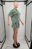 Green Casual Striped Patchwork Turndown Collar Half Sleeve Two Pieces