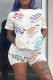 White Fashion Casual Print Basic O Neck Short Sleeve Two Pieces