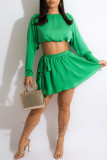 Blue Casual Solid Patchwork O Neck Long Sleeve Two Pieces