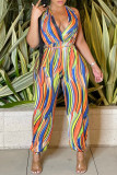 Multicolor Fashion Sexy Print Hollowed Out Backless Halter Regular Jumpsuits