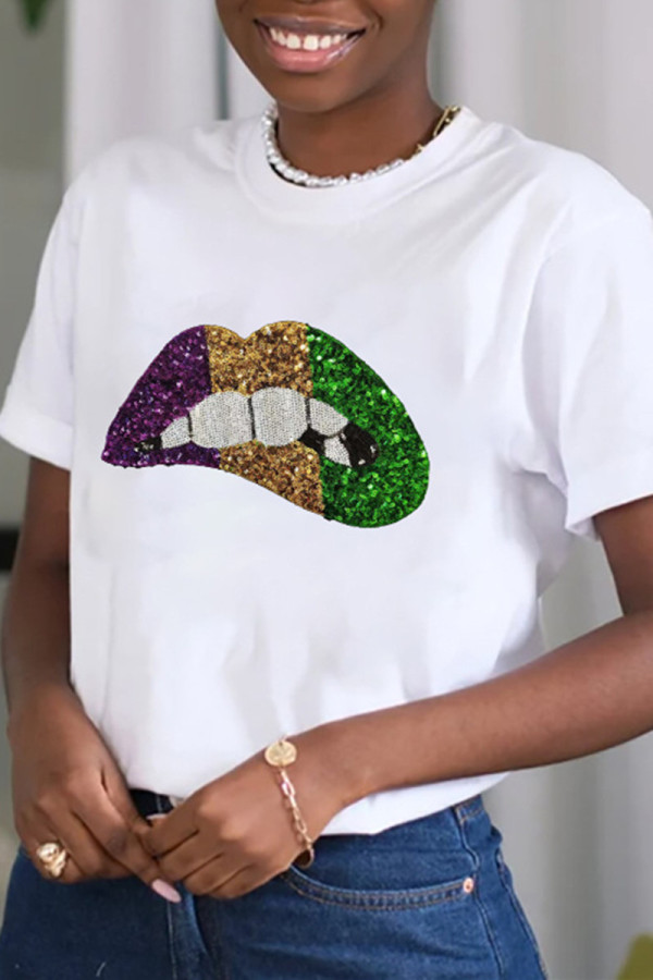 White Fashion Casual Patchwork Sequins O Neck T-Shirts