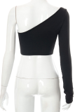 Black Sexy Solid Patchwork One Shoulder Tops