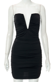 Black Sexy Solid Patchwork V Neck Pencil Skirt Dresses