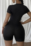 Black Casual Sportswear Solid Patchwork Zipper Zipper Collar Regular Rompers