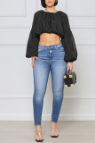 Black Casual Sweet Solid Split Joint Fold O Neck Tops