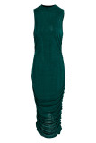 Green Sexy Casual Solid Slit Fold O Neck Sleeveless Dress