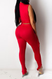 Red Sexy Solid Bandage Split Joint Half A Turtleneck Sleeveless Two Pieces
