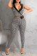 Black Fashion Casual Plaid Print Patchwork V Neck Regular Jumpsuits