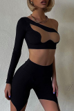 Black Sexy Solid Patchwork One Shoulder Tops