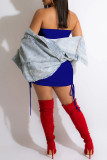 Blue Fashion Sexy Letter Print Frenulum Backless Strapless Sleeveless Dress