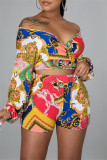 Multicolor Fashion Casual Print Bandage V Neck Long Sleeve Two Pieces