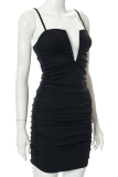Black Sexy Solid Patchwork V Neck Pencil Skirt Dresses