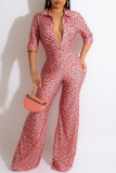 Pink Fashion Casual Print Basic Turndown Collar Regular Jumpsuits
