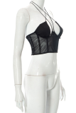 Black Fashion Solid Mesh Halter Tops
