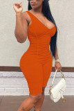 Tangerine Red Sexy Solid Patchwork V Neck Regular Rompers