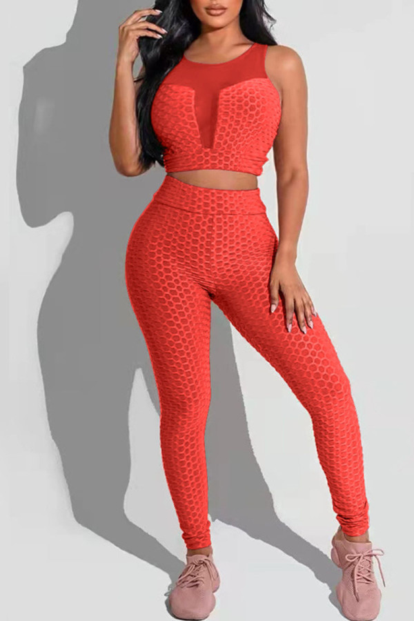 Tangerine Red Casual Sportswear Solid Patchwork O Neck Sleeveless Two Pieces