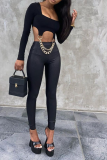 Black Sexy Solid Patchwork Chains Square Collar Tops