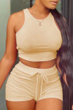 White Fashion Casual Solid Basic O Neck Sleeveless Two Pieces
