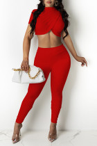 Red Sexy Solid Split Joint O Neck Short Sleeve Two Pieces