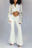 Blue Casual Solid Draw String Boot Cut Mid Waist Speaker Solid Color Bottoms
