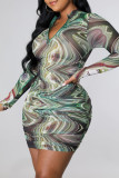 Multicolor Fashion Sexy Print Basic Zipper Collar Long Sleeve Dresses