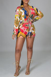 Multicolor Fashion Casual Print Bandage V Neck Long Sleeve Two Pieces