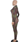 Black Sexy Print Patchwork See-through Half A Turtleneck Regular Jumpsuits
