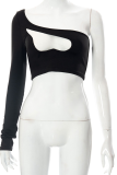 Black Sexy Solid Patchwork One Shoulder Tops