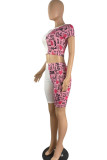 Pink Casual Print Patchwork O Neck Short Sleeve Two Pieces