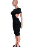Black Sexy Solid Split Joint Backless O Neck One Step Skirt Dresses