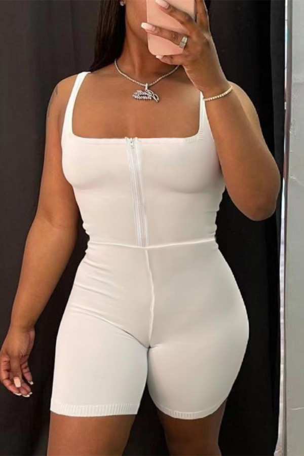 White Sexy Casual Solid Basic Square Collar Skinny Romper